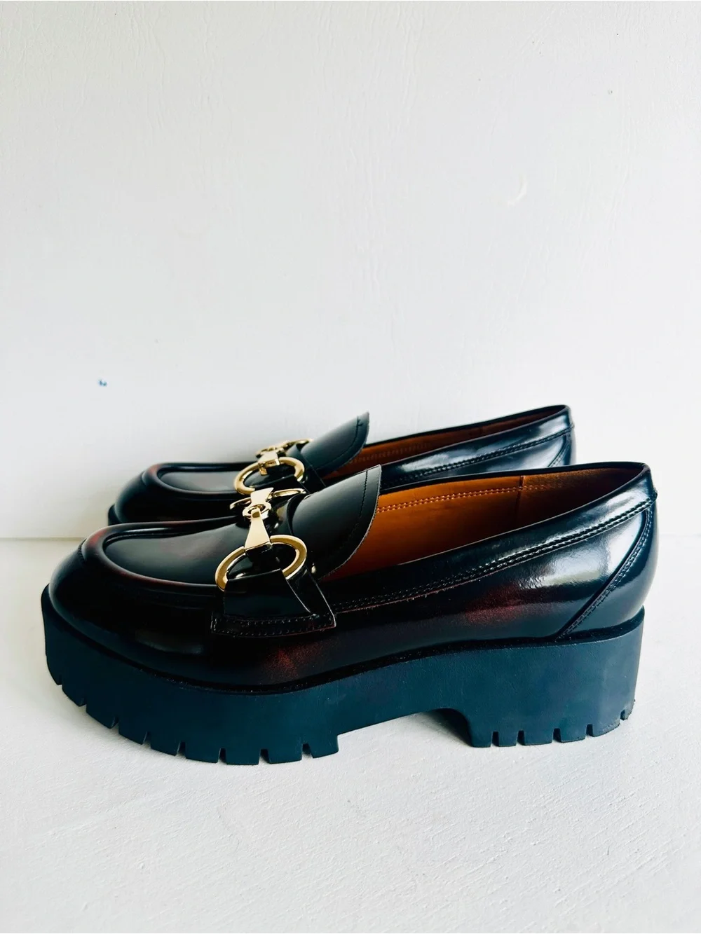 MARC FISHER Brn/Blk With Gold Horsebit Hardware Platform Loafer